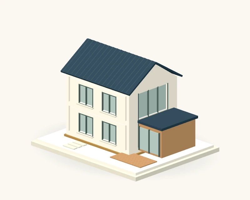 Maquette conceptuelle d’une maison à toit à deux pans et extension en bois.